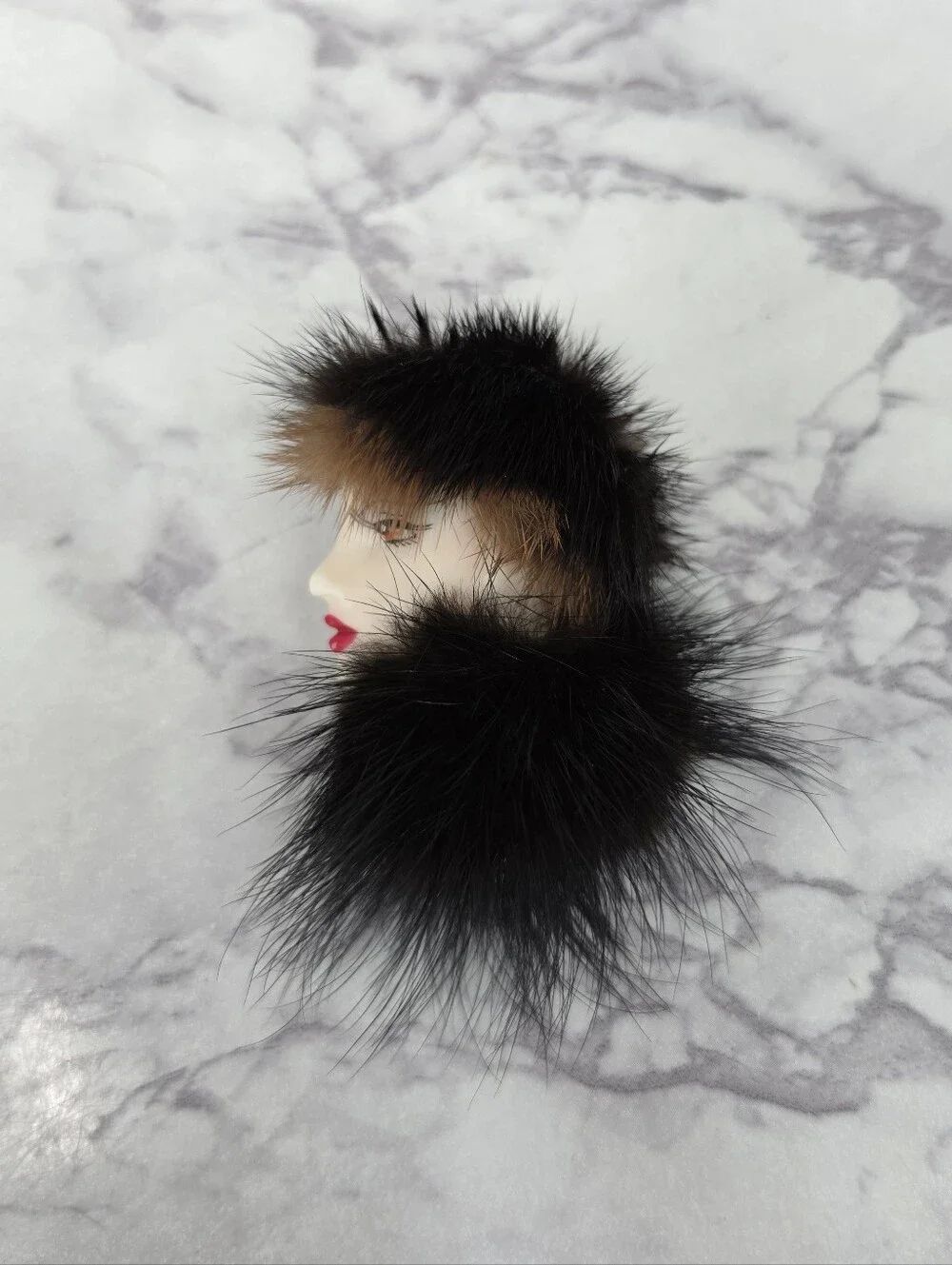 Vintage Mink Fur Pom Pom Flapper Lady Pin Brooch